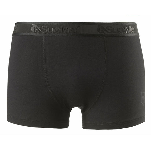 A pairs of black men's sustainable tree trunk sports underwear with the brand name 'SueMe' on the waistband.
