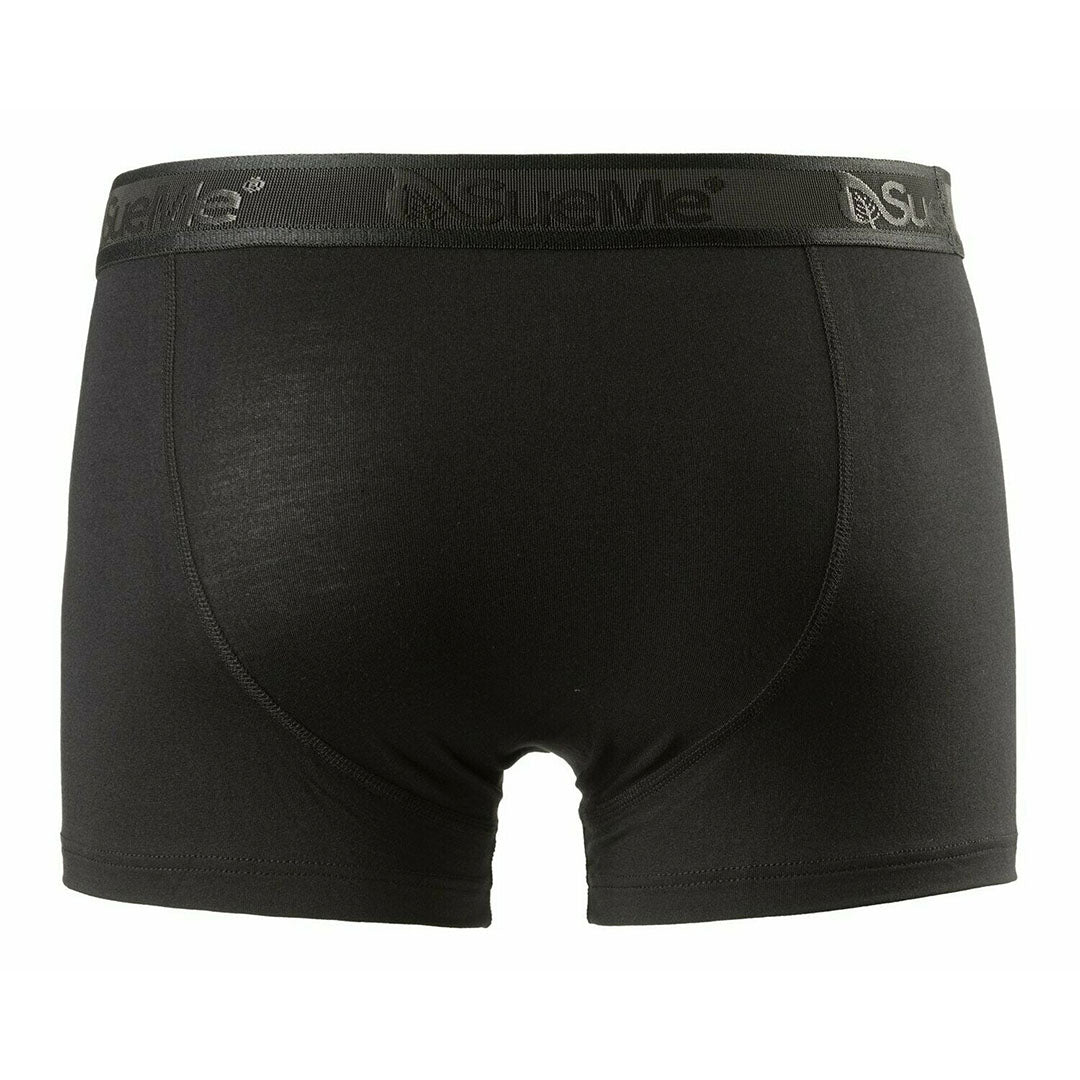 A rear shot of a pair of black men's sustainable tree trunk sports underwear with the tone on tone brand name 'SueMe' on the waistband.
