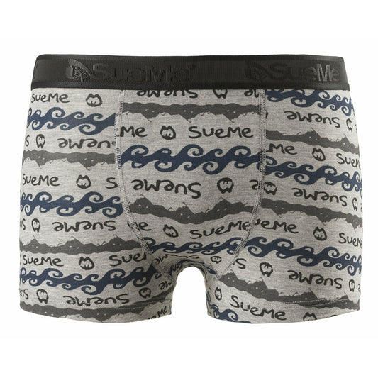 Men's sustainable tree trunks sports underwear with Oyambre mountain and waves pattern, with the brand name 'SueMe' on the waistband.