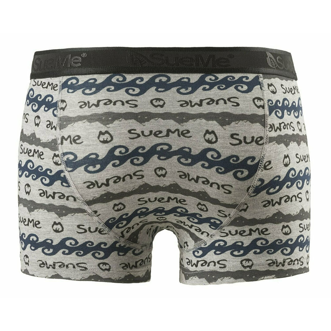 rear shot of men's sustainable tree trunks sports underwear with Oyambre mountain and waves pattern, with the 'SueMe' brand name on the waistband.