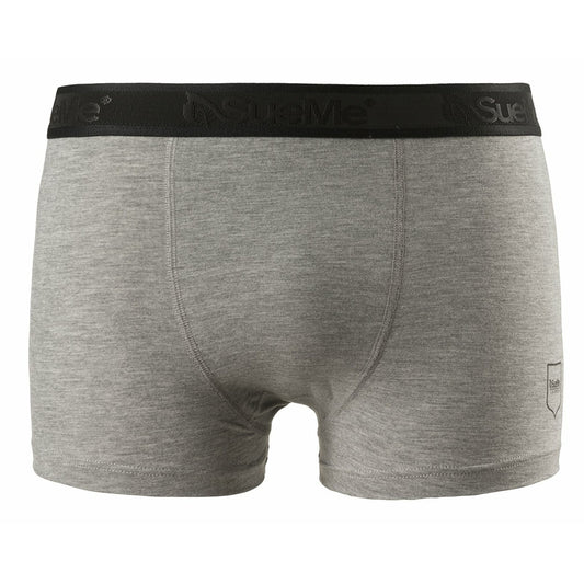 A pairs of men's grey sustainable tree trunk sports underwear with the brand name 'SueMe' on the waistband.