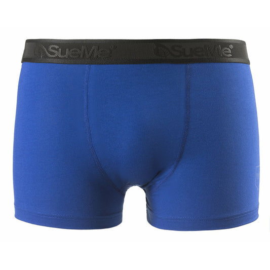 A front shot of a pair of blue men's sustainable tree trunk sports underwear with the brand name 'SueMe' on the waistband.