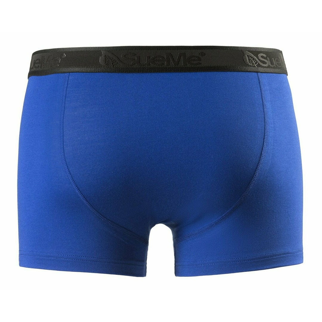 A rear shot of a pair of blue men's sustainable tree trunk sports underwear with the brand name 'SueMe' on the waistband.