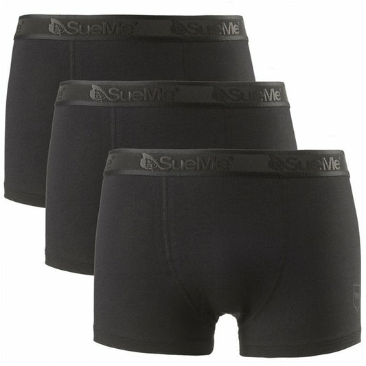 A 3 pack of black men's sustainable tree trunk sports underwear with the tone on tone brand name 'SueMe' on the waistband.