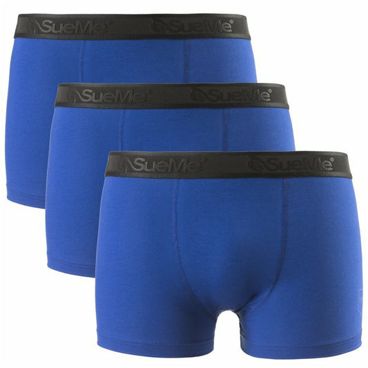3 pairs of blue men's sustainable tree trunk sports underwear with the brand name 'SueMe' on the waistband.