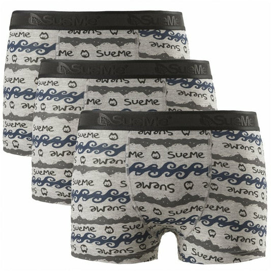 3 pack of men's sustainable tree trunks sports underwear with Oyambre mountain and waves pattern, with the 'SueMe' brand name on the waistband.