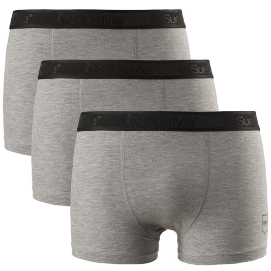 3 pairs of men's sustainable tree trunk sports underwear with the brand name 'SueMe' on the waistband.