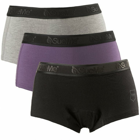 Three pairs of black, purple and blue women's sustainable beech shorties sports underwear with the brand name 'SueMe' on the waistband.