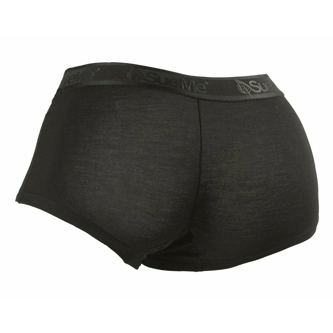 Rear shot of a pair of black women's sustainable beech shorties sports underwear, with the brand name 'SueMe' on the waistband.
