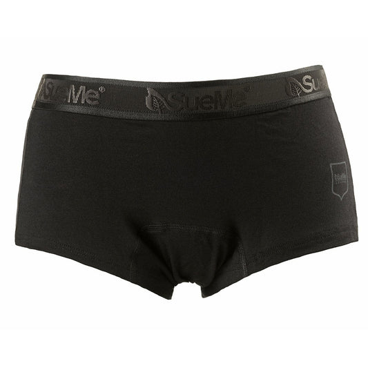 black, women's sustainable beech shorties sports underwear with the brand name 'SueMe' on the waistband.