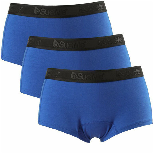 3 blue women's sustainable beech shorties sports underwear with Oyambre mountain and waves pattern, displayed in two rows with the brand name 'SueMe' on the waistband.