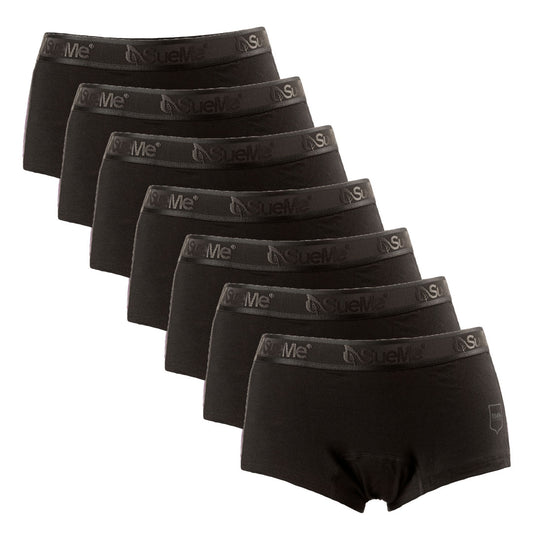 A pack of seven black women's sustainable beech shorties sports underwear, displayed in two rows with the brand name 'SueMe' on the waistband.