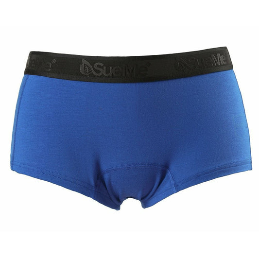 blue women's sustainable beech shorties sports underwear with the brand name 'SueMe' on the waistband.