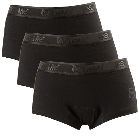A 3 pack of black women's sustainable beech shorties sports underwear, with the brand name 'SueMe' on the waistband.