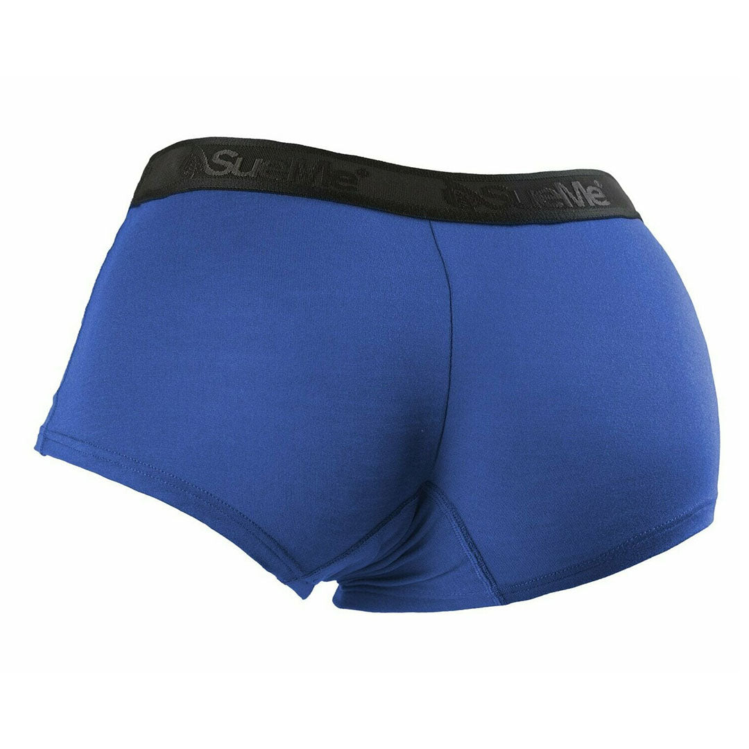 rear shot of blue women's sustainable beech shorties sports underwear with the brand name 'SueMe' on the waistband.