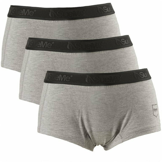 Three pairs of Grey women's sustainable beech shorties sports underwear with the brand name 'SueMe' on the waistband.