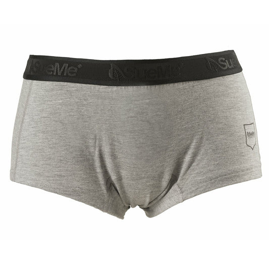 Grey women's sustainable beech shorties sports underwear with the brand name 'SueMe' on the waistband.