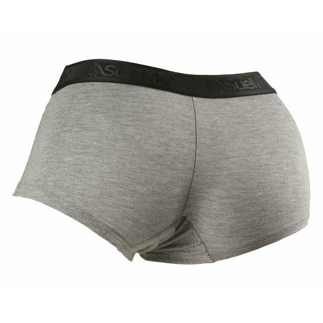 Rear shot of Grey women's sustainable beech shorties sports underwear with the brand name 'SueMe' on the waistband.
