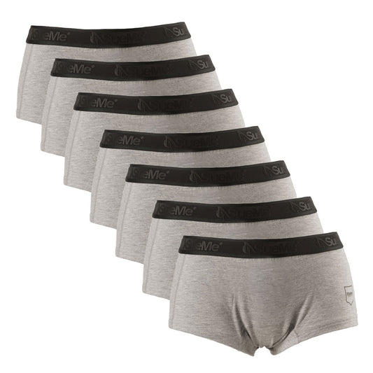 A pack of seven grey women's sustainable beech shorties sports underwear displayed in two rows with the brand name 'SueMe' on the waistband.