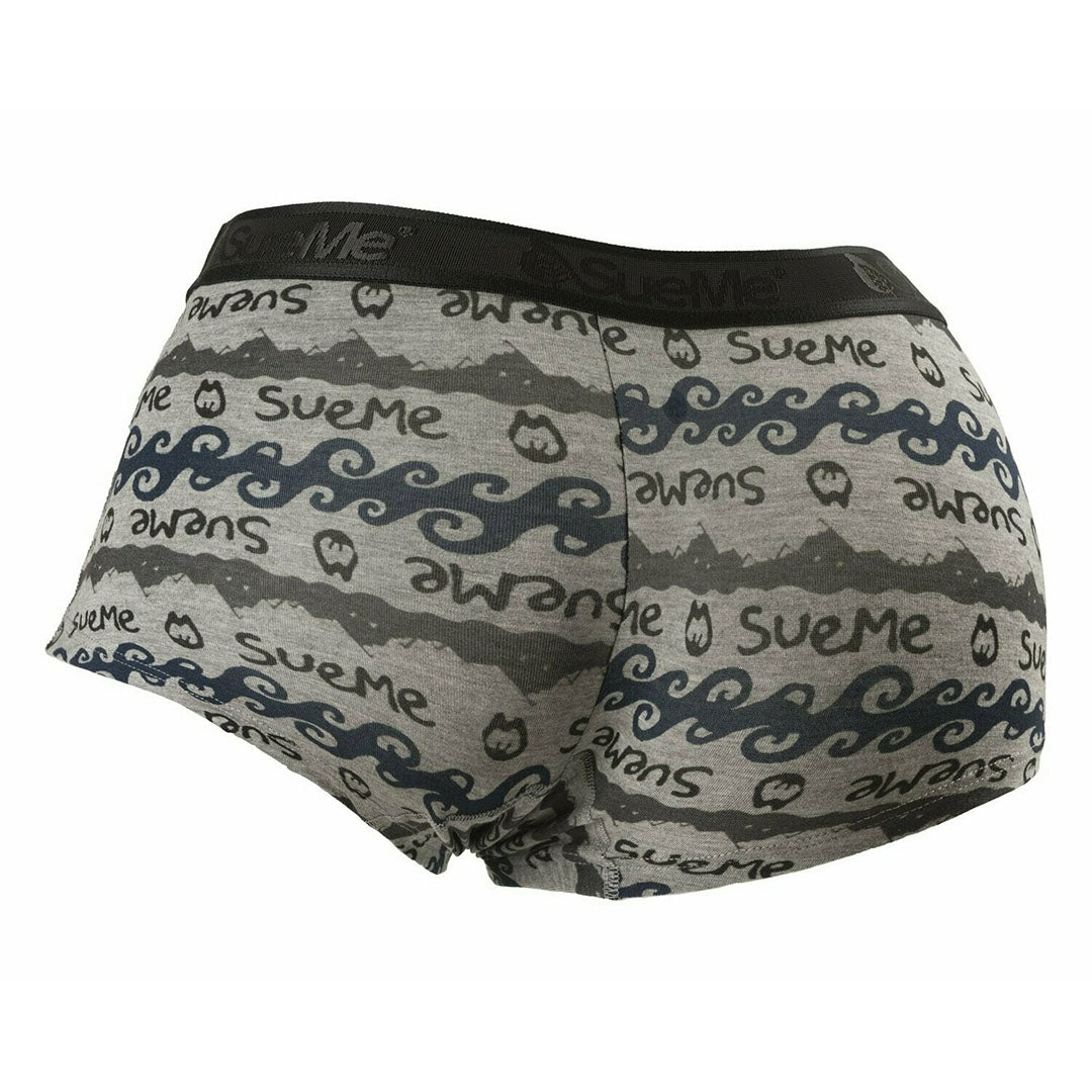 rear shot of women's sustainable beech shorties sports underwear with Oyambre mountain and waves pattern, with the 'SueMe' brand name on the waistband.