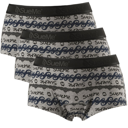 3 pack of women's sustainable beech shorties sports underwear with Oyambre mountain and waves pattern, with the 'SueMe' brand name on the waistband.