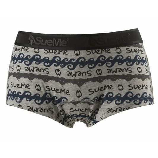 women's sustainable beech shorties sports underwear with Oyambre mountain and waves pattern, with the 'SueMe' brand name on the waistband.