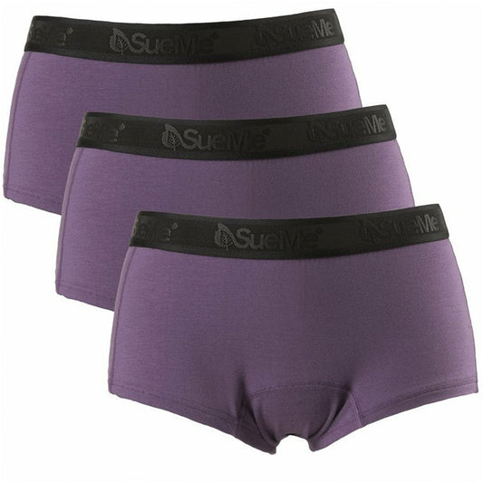 Three pairs of purple women's sustianable beech shortie underwear with black logo elastic waistbands, arranged vertically.