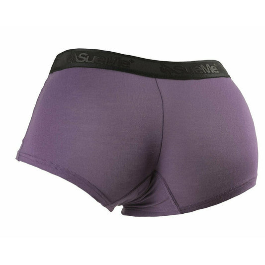 A rear shot of a pair of Sueme purple women's sustainable beech shortie sports underwear with sueme logo branded elastic waistband.