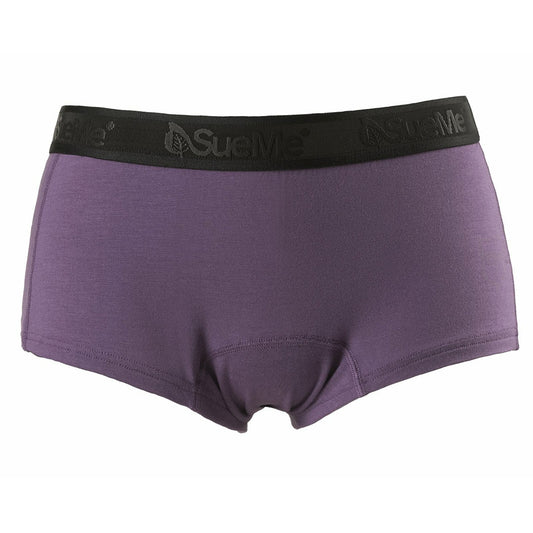 purple women's sustainable beech shortie underwear with black logo elastic waistbands.