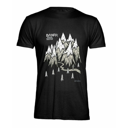 sustainable black bamboo viscose t-shirt with banff logo and large mountain scene printed on front