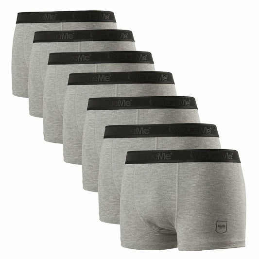 A seven pack of grey men's sustainable tree trunk sports underwear with the brand name 'SueMe' on the waistband.