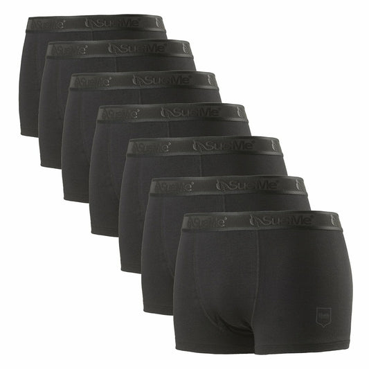 A pack of seven black men's sustainable tree trunk sports underwear with the tone on tone brand name 'SueMe' on the waistband.