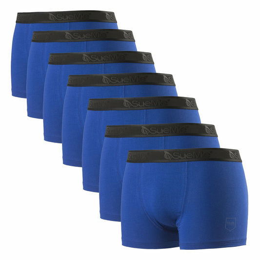 A seven pack of blue men's sustainable tree trunk sports underwear with the brand name 'SueMe' on the waistband.