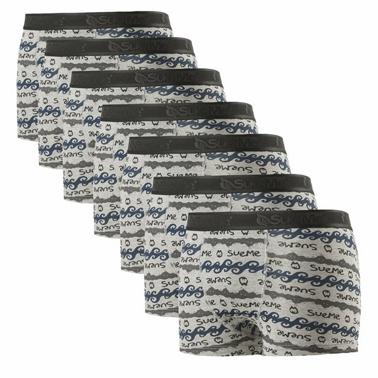 A pack of seven men's sustainable tree trunks sports underwear with Oyambre mountain and waves pattern, displayed in two rows with the brand name 'SueMe' on the waistband.