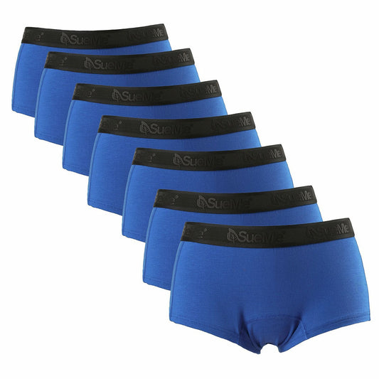 A pack of seven blue women's sustainable beech shorties sports underwear, displayed in two rows with the brand name 'SueMe' on the waistband.
