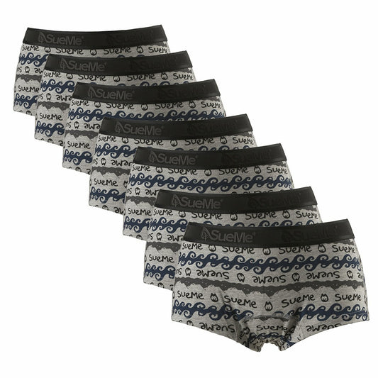 A pack of seven women's sustainable beech shorties sports underwear with Oyambre mountain and waves pattern, displayed in two rows with the brand name 'SueMe' on the waistband.